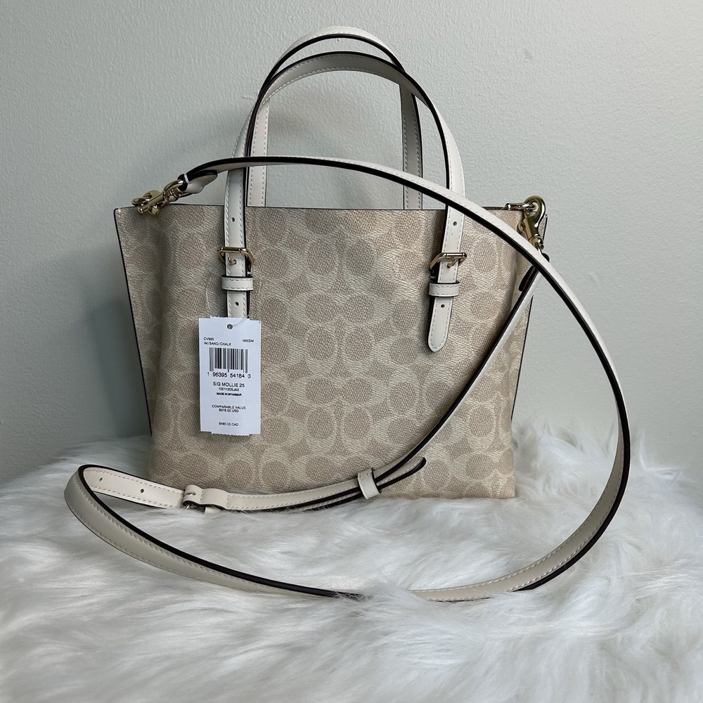 Coach Mollie Tote 25 Sand Chalk Signature Canvas Leather Bag NEW - Picture 3 of 13